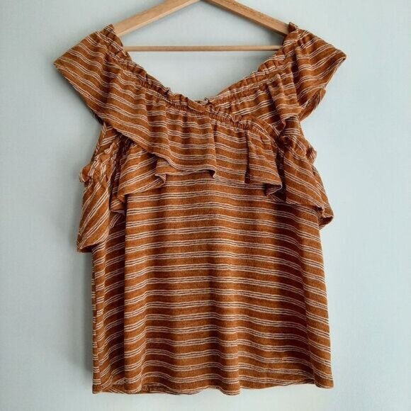 MAURICES Ruffled Fine Knit Tank Top Tan & White Striped Sz XL - Picture 6 of 10
